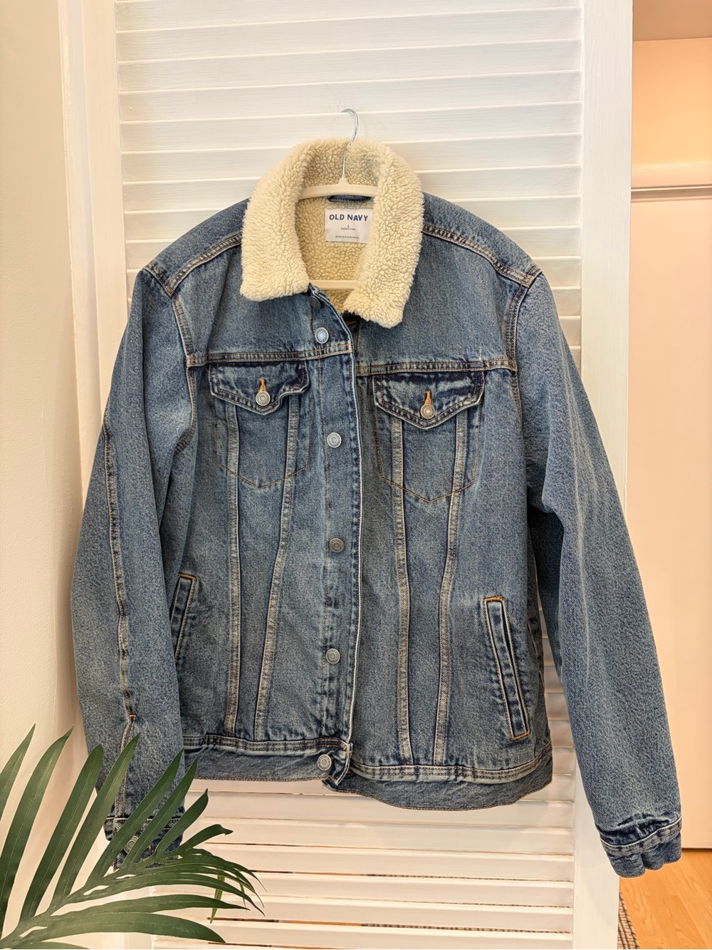 Old Navy Blue Denim Jacket with Cream Sherpa Collar and Lining